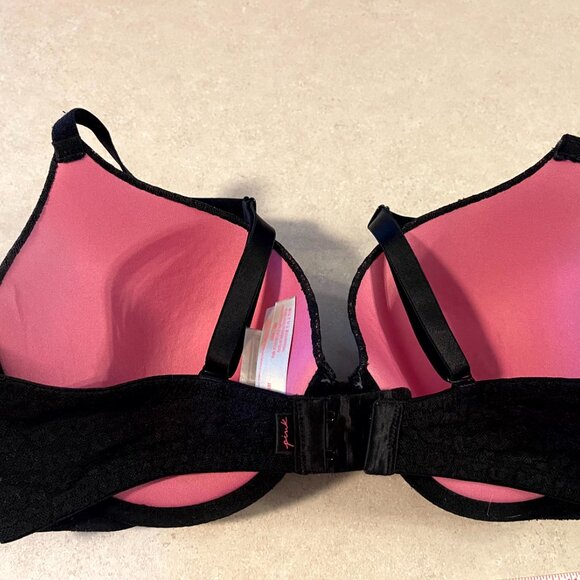 Victoria's Secret PINK Wear Everywhere Super Push Up Black Lace Bra 36DD Wired - Picture 5 of 8